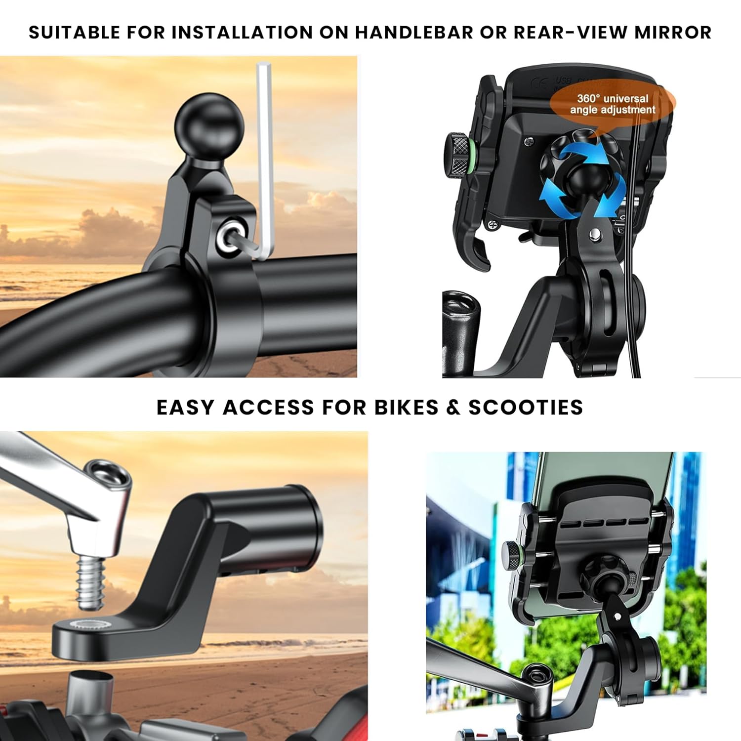 GRAND PITSTOP Mobile Holder for Bikes – Black Jaw Grip with 360° Rotation, Aluminum Phone Mount for Motorcycle, Bicycle & Scooter